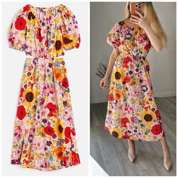 H&M Floral Cut Out Dress Puff Sleeves New - Picture 1 of 4